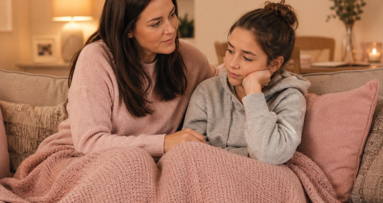 picture of a mum and daughter cuddled on the sofa under a blanket navigating changing hormones