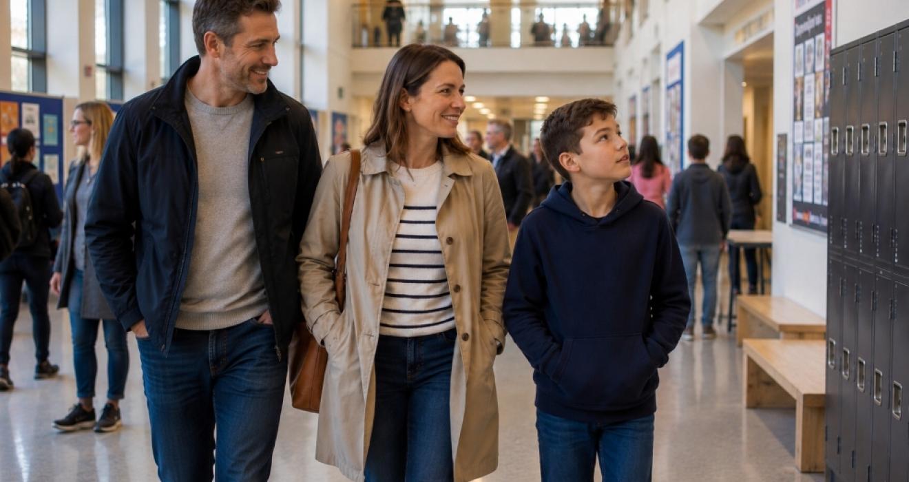 picture of parents taking their child to view a grammar school to see if it is right for them