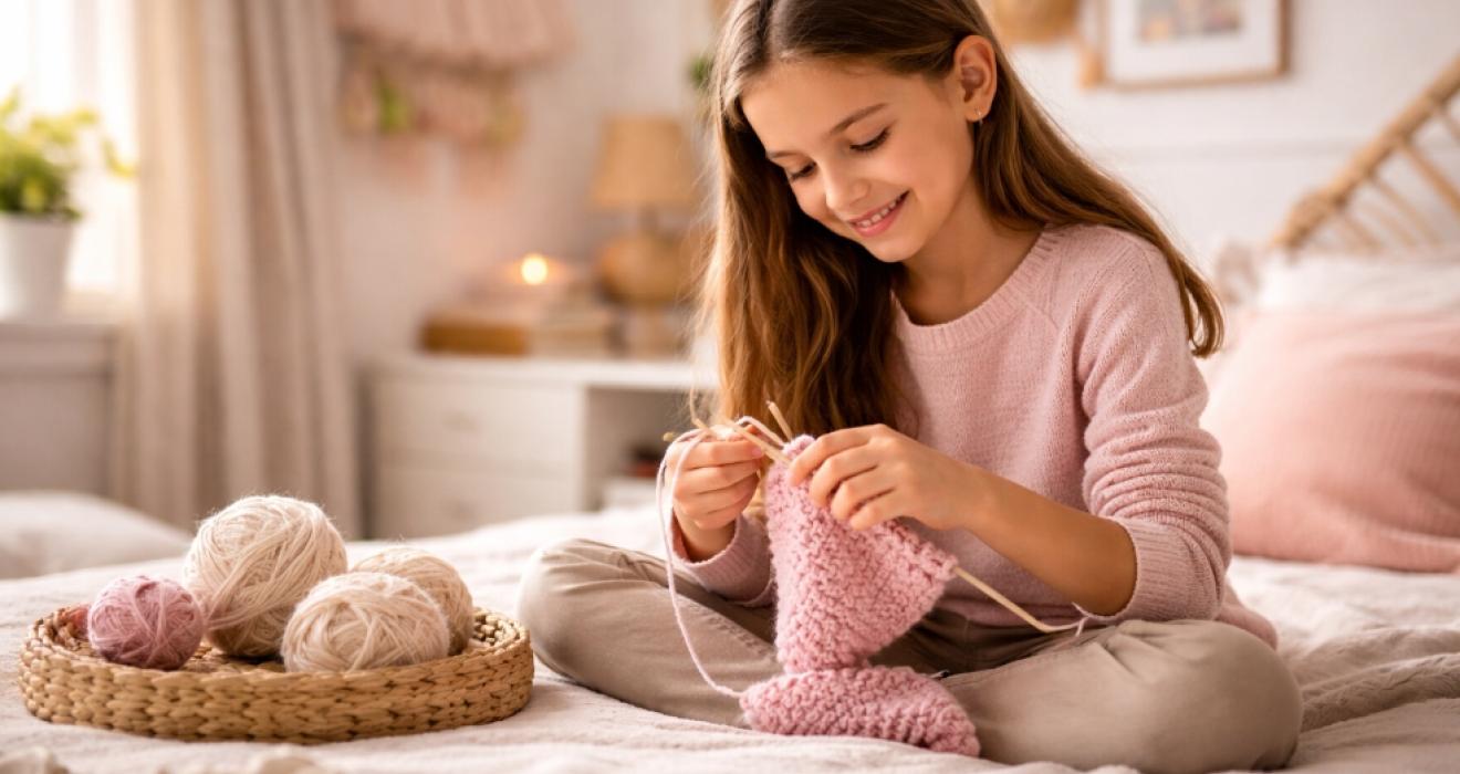 picture of tween girl practising knitting in a bedroom, learning a new hobby and building confidence and creativity