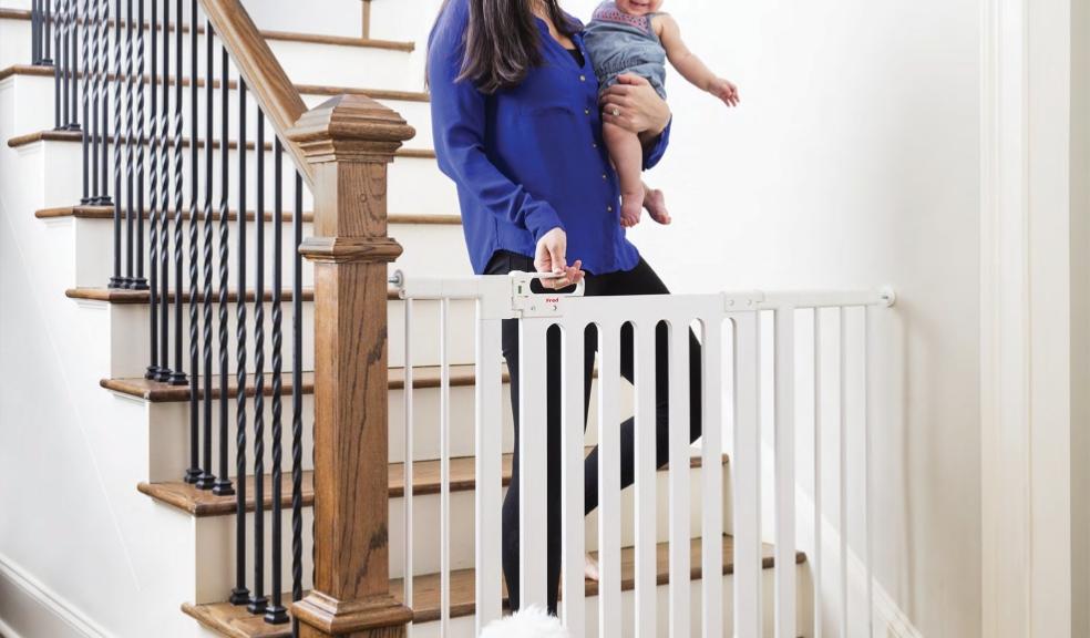 mum and baby using Fred Pressure Fit Wooden Stairgate at home picture of mum and baby using Fred Pressure Fit Wooden Stairgate at home