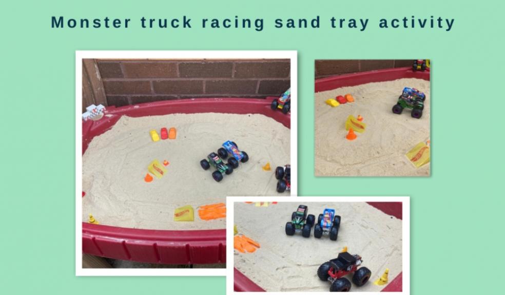 picture of monster truck racing sand tray activity