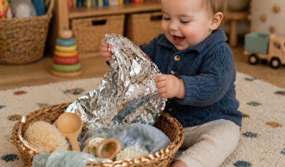 picture of Baby boy sitting on a playroom rug exploring a treasure basket