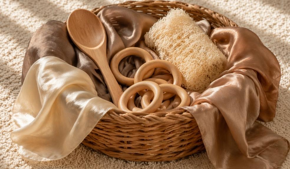 picture of Wicker treasure basket for babies filled with natural sensory items