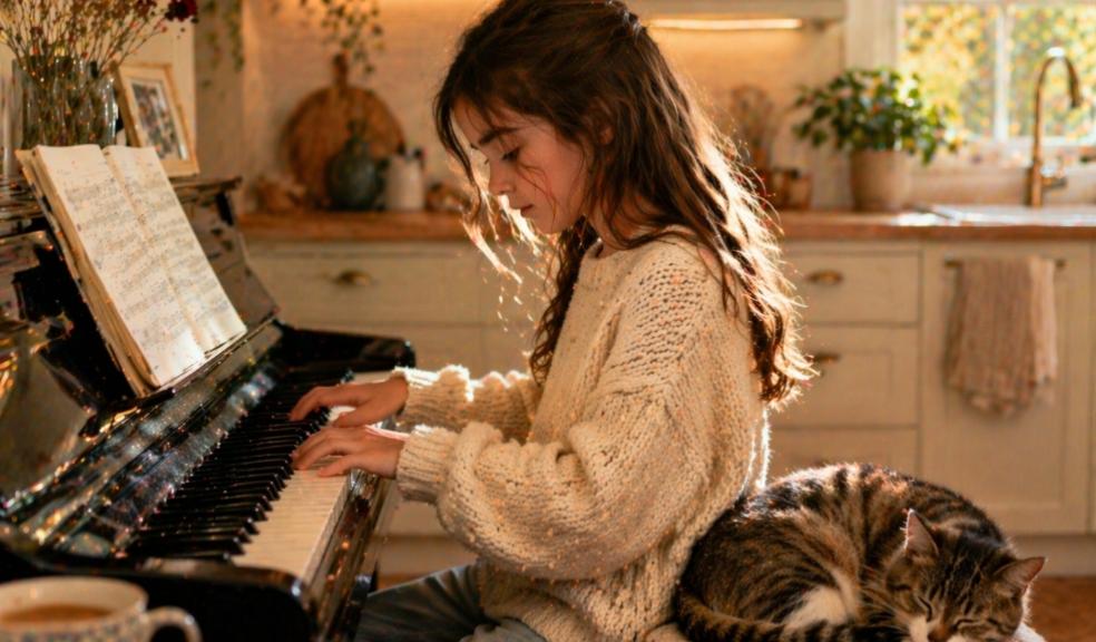 picture of Young girl practising piano at home in a cosy kitchen with a cat sleeping beside her, showing focus and developing a new interest