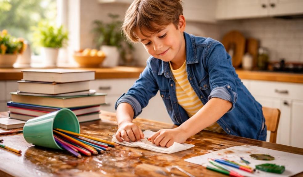 picture of child learning from a mistake by cleaning up spilled pencils and water, showing resilience, confidence and independent problem solving