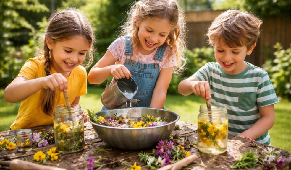 children playing outside in a garden using flowers, sticks and water to make imaginary potions, showing unstructured outdoor play and creativity picture of children playing outside in a garden using flowers, sticks and water to make imaginary potions, showing unstructured outdoor play and creativity