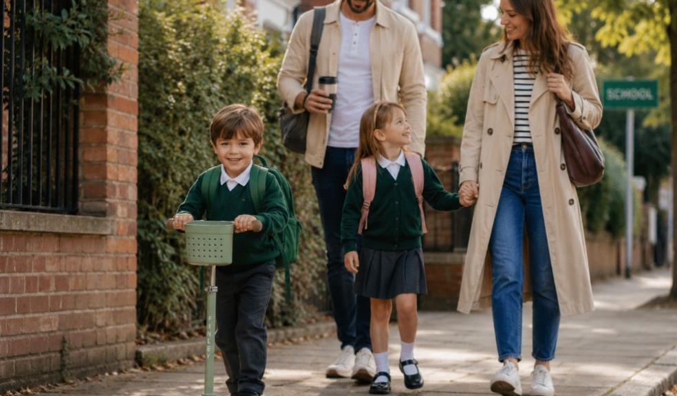 a family walking to school with a child riding on ahead on a personalised scooter picture of a family walking to school with a child riding on ahead on a personalised scooter