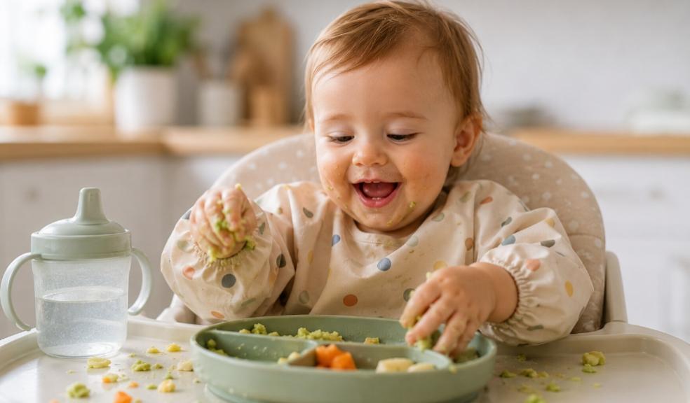 a happy baby sat in a high chair covered in food whilst they enjoy weaning picture of a happy baby sat in a high chair covered in food whilst they enjoy weaning