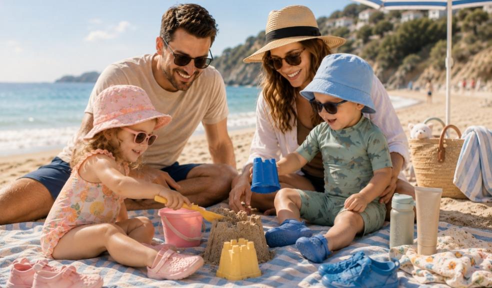 a happy family on a sunny beach surrounded by summer essentials picture of a happy family on a sunny beach surrounded by summer essentials