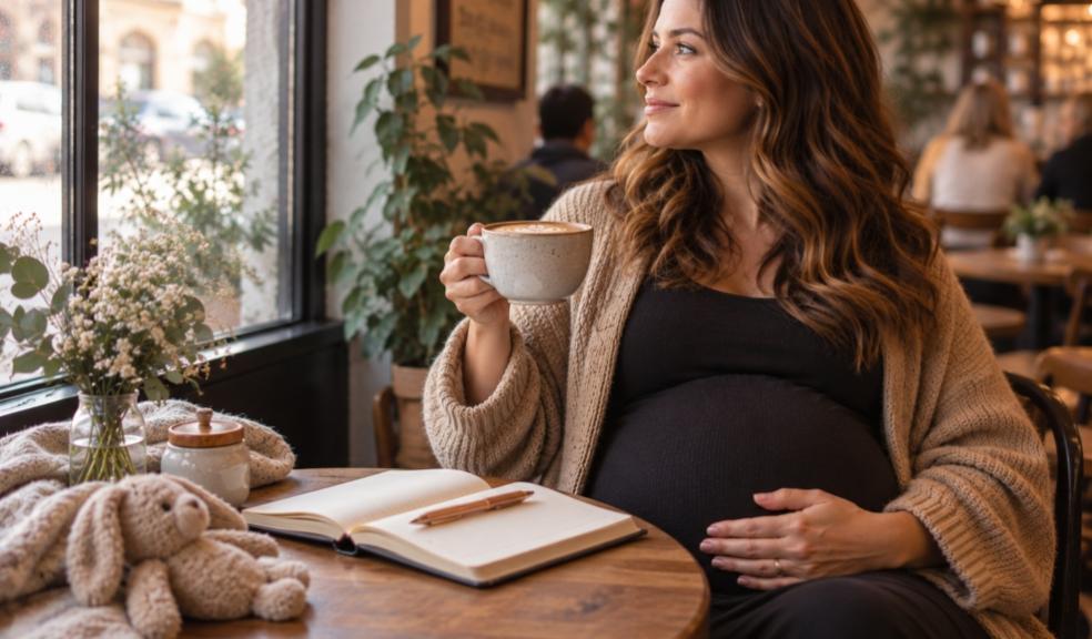 a pregnant woman sat in a coffee shop thinking of coffee themed baby names picture of a pregnant woman sat in a coffee shop thinking of coffee themed baby names