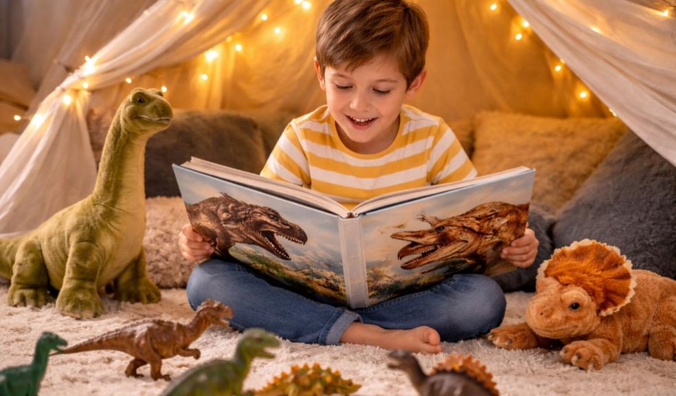 picture of young boy reading a dinosaur book inside a cosy play tent with fairy lights, surrounded by toy dinosaurs and exploring his curiosity through play