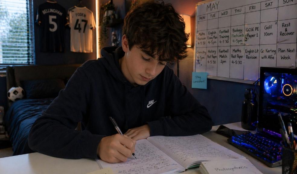 Teenage boy revising at a desk in a modern bedroom with study notes, flashcards, and a revision timetable on the wall picture of Teenage boy revising at a desk in a modern bedroom with study notes, flashcards, and a revision timetable on the wall