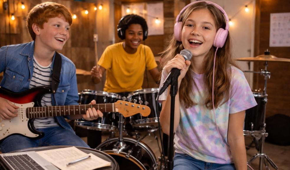 picture of tweens playing music together in a band, with one singing and the others playing instruments
