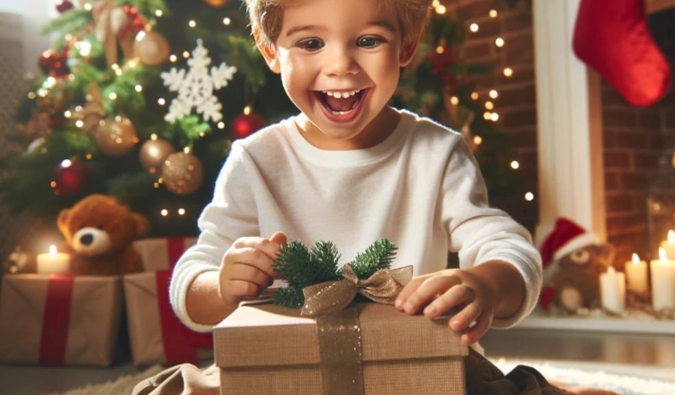 picture of a happy child on Christmas morning excitedly opening a gift