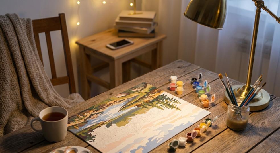 picture of a warm inviting scene of a digital detox evening with paint by numbers