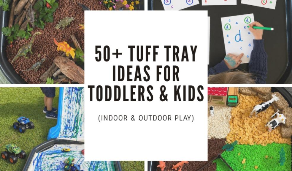 picture of four photos showing examples of 50 Tuff Tray activity ideas for toddlers and kids