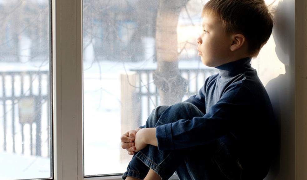Picture of a child sat on a window sill looking at out a winter garden