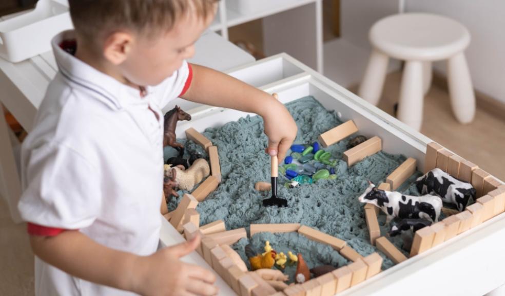 picture of a child engaging in a sensory activity with sand wooden blocks and toy animals