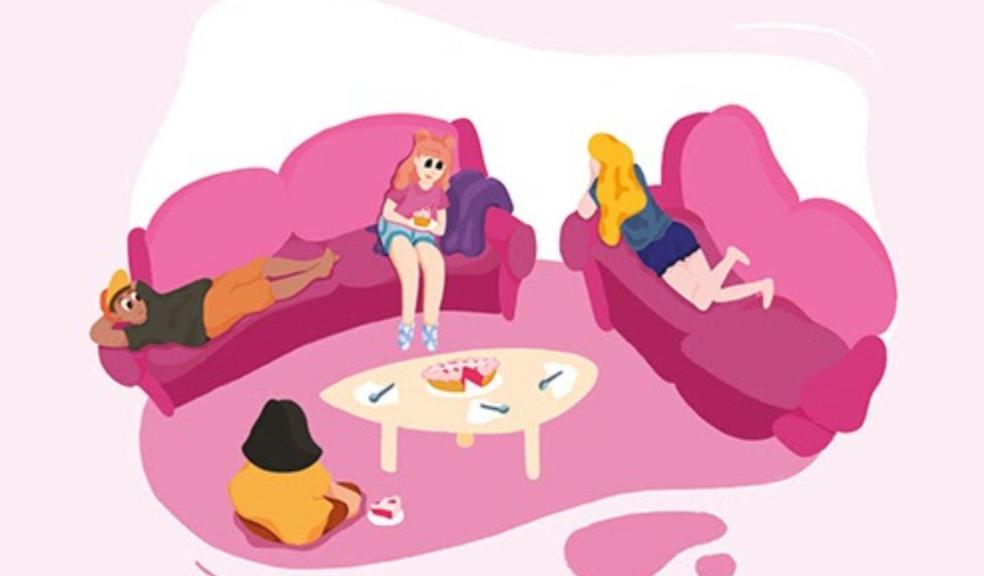 picture of graphic showing women laying on pink sofas