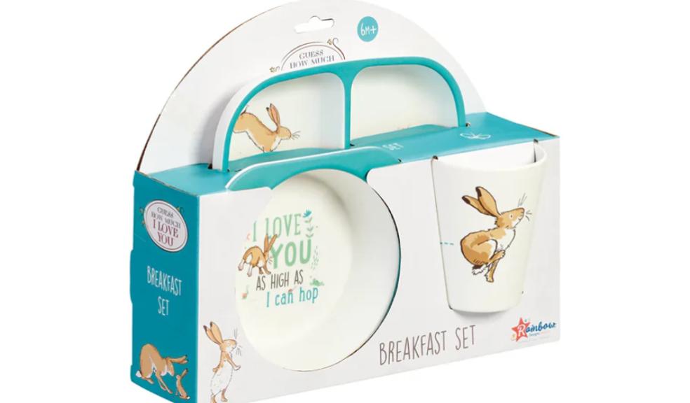 picture of Guess How Much I Love You breakfast set with cup, bowl and plate featuring Nutbrown Hare design for babies 6 months plus