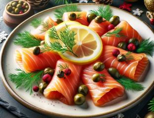 picture of A festive Christmas starter featuring smoked salmon elegantly arranged on a plate