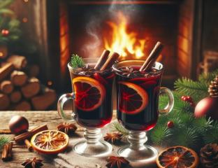 picture of Two steaming glasses of mulled wine in front of a crackling fireplace