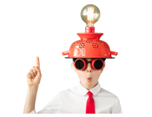 picture of a child thinking with a colander and lightbulb on his head