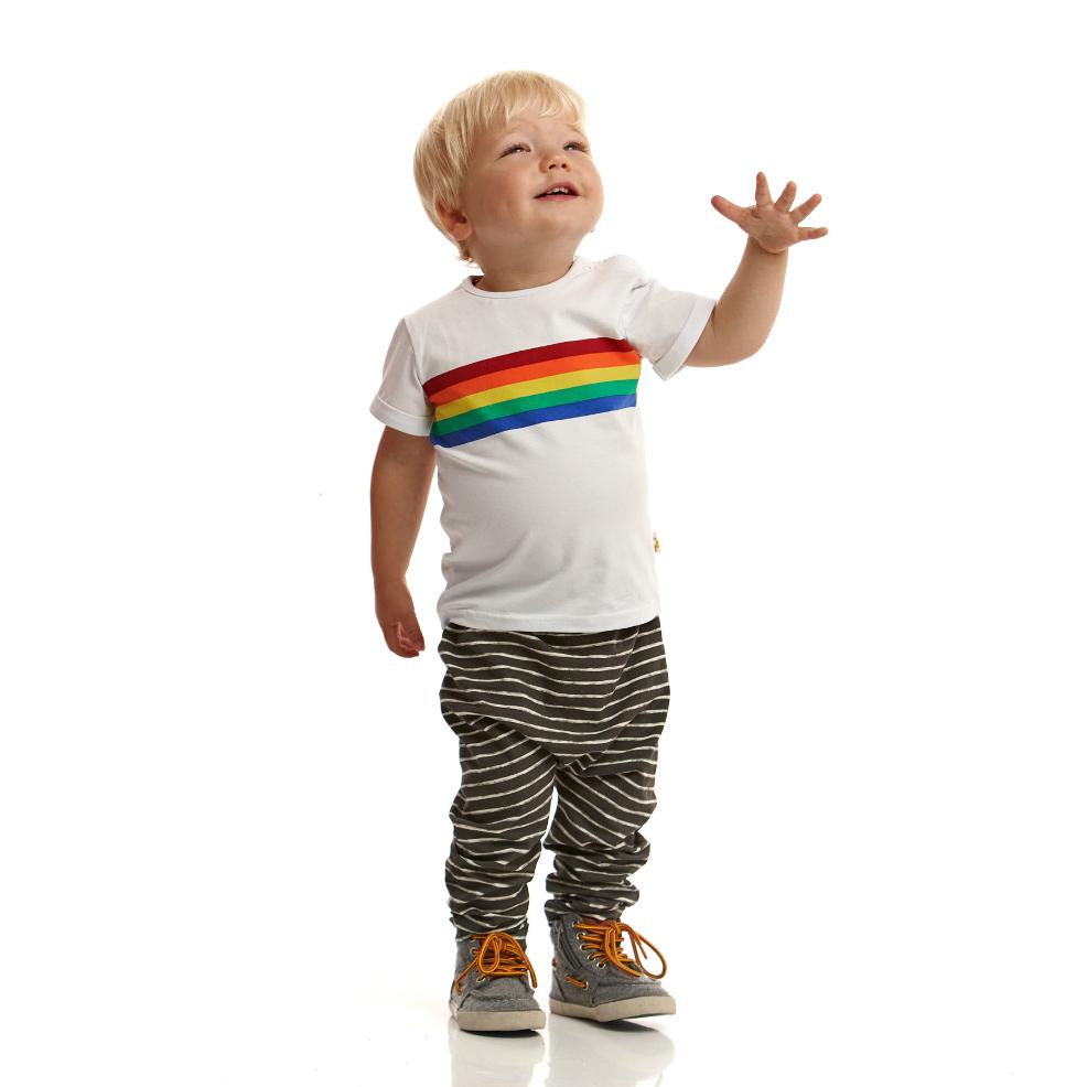 picture of child wearing a juno jacks rainbow tshirt 