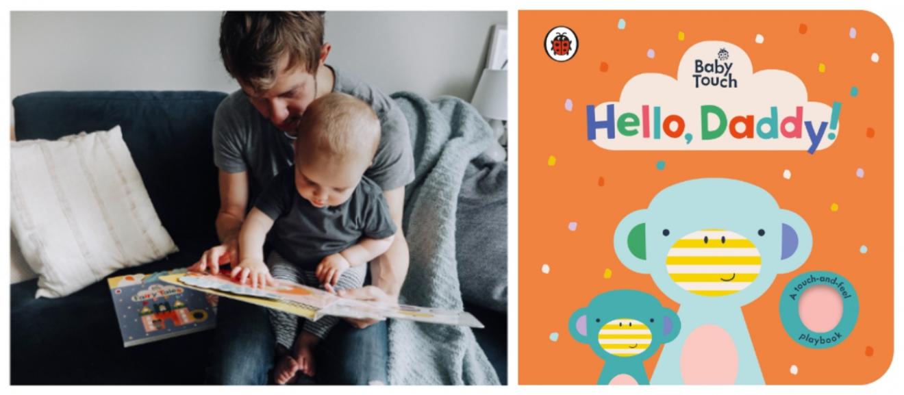 picture of dad reading a baby touch hello daddy book