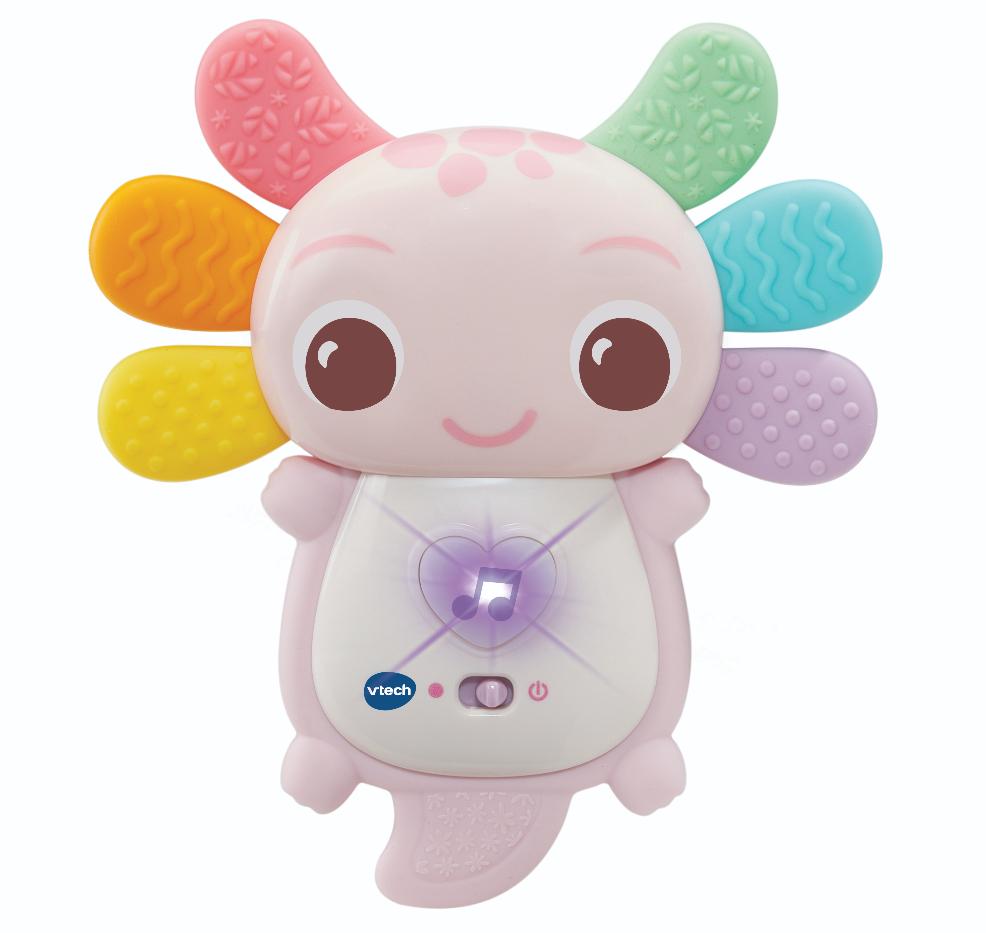 picture of VTech Baby Rainbow Colours Axolotl Teether with textured silicone and light-up button for teething babies