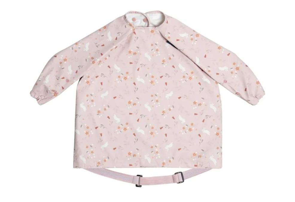 picture of Bibado coverall weaning bib with botanical bunny design, waterproof long sleeve bib for babies and toddlers during mealtimes