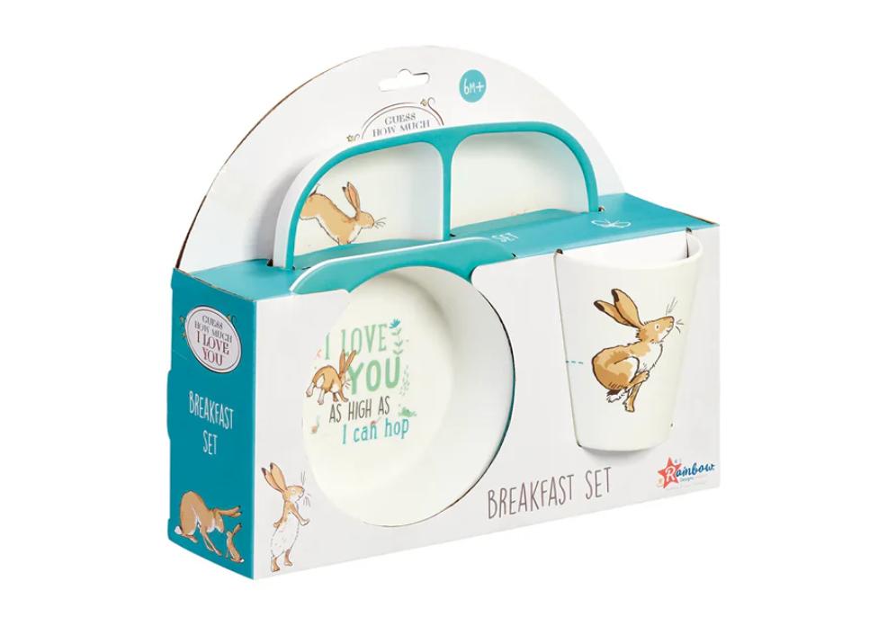 picture of Guess How Much I Love You breakfast set with cup, bowl and plate featuring Nutbrown Hare design for babies 6 months plus
