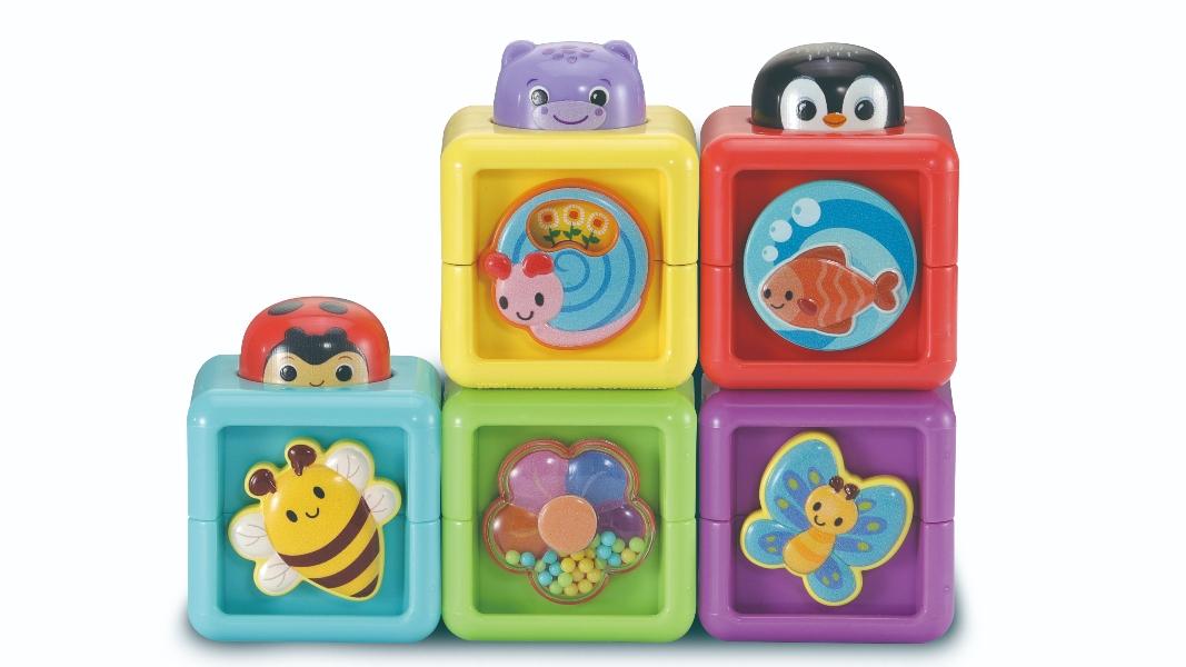 picture of VTech Baby Pop-a-Blocks stacking toy set with shapes, textures and interactive features for toddlers