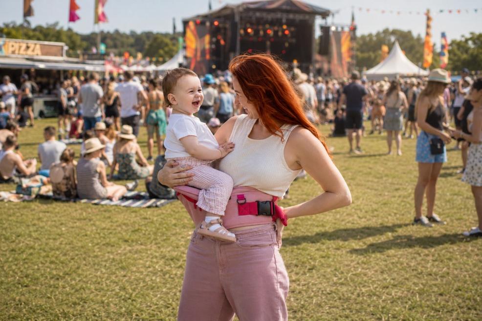a happy mum and baby using the Hackerlily hipsurfer at a Festival picture of a happy mum and baby using the Hackerlily hipsurfer at a Festival