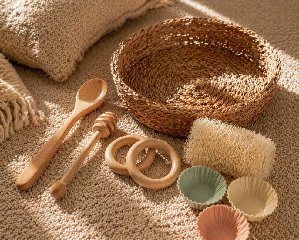 picture of Baby treasure basket items on a neutral rug including wooden spoon and wooden rings