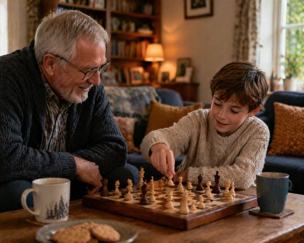 picture of Child learning chess with grandparent at home, encouraging focus, problem-solving and discovering new interests