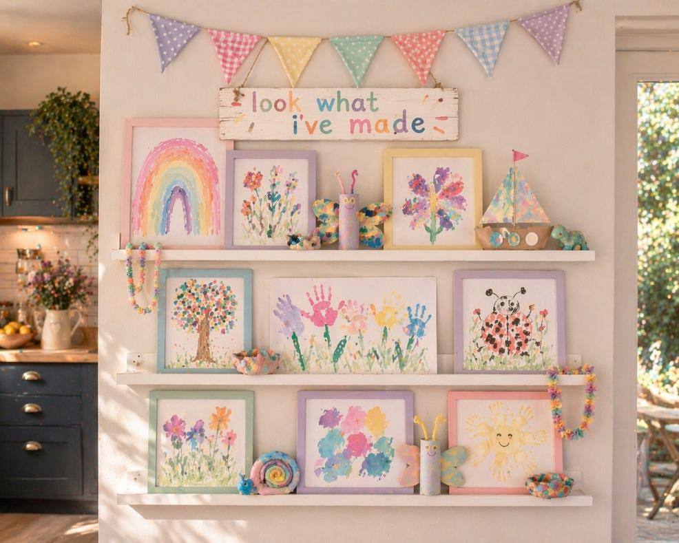 picture of Children’s artwork displayed on shelves in a family kitchen with bunting and sign, showing how to encourage creativity at home