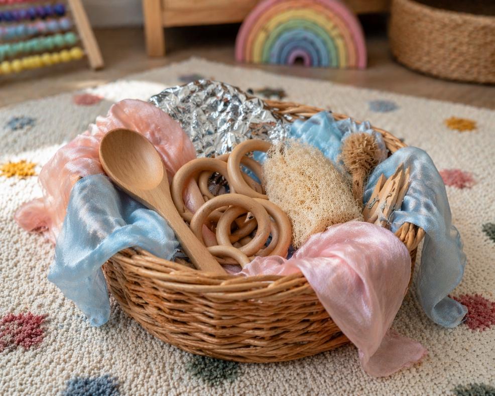 picture of Colourful baby treasure basket idea with pastel fabrics wooden toys natural objects