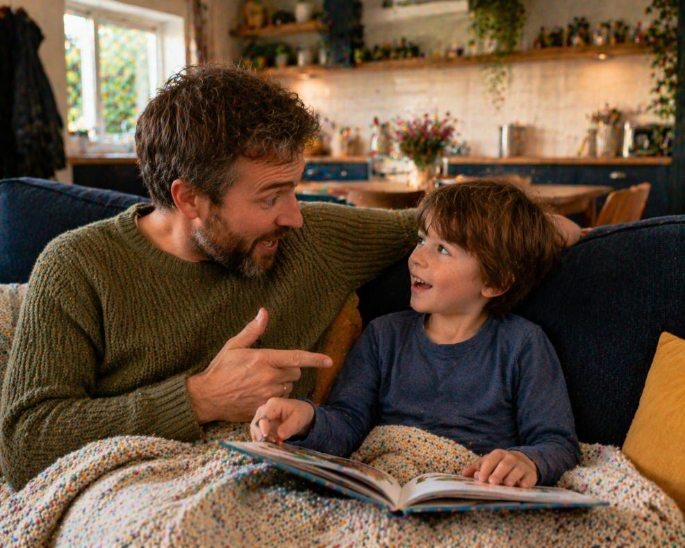 picture of Dad and son reading and discussing a story together on a sofa, encouraging creativity and imagination through books