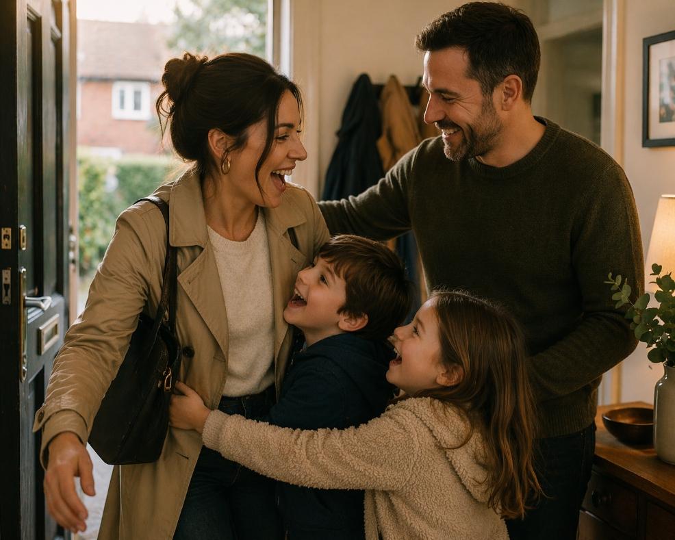 picture of Mother arriving home from work being greeted with hugs and smiles by her partner and two children in a warm family hallway scene