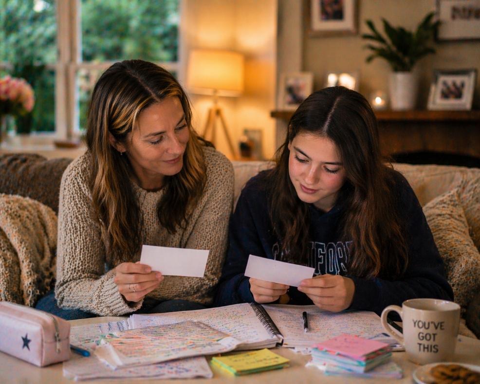 Mother helping her daughter revise with flashcards in a cosy living room picture of Mother helping her daughter revise with flashcards in a cosy living room