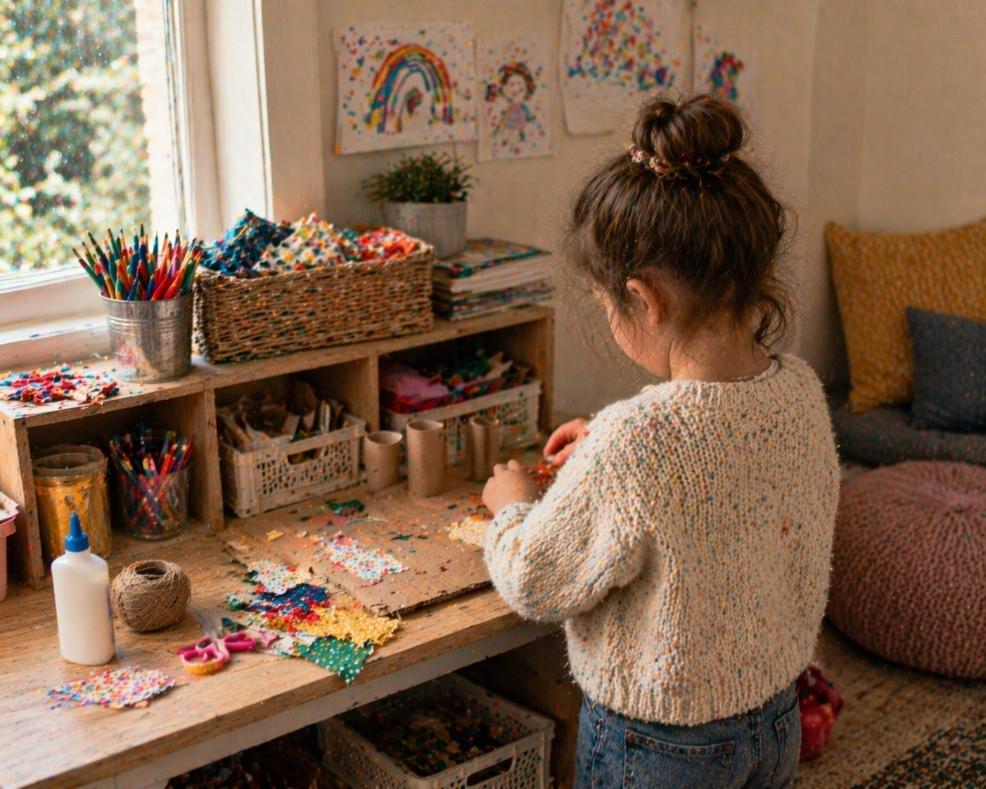 picture of Small creative play space at home with child crafting using everyday materials, supporting imaginative play and creativity