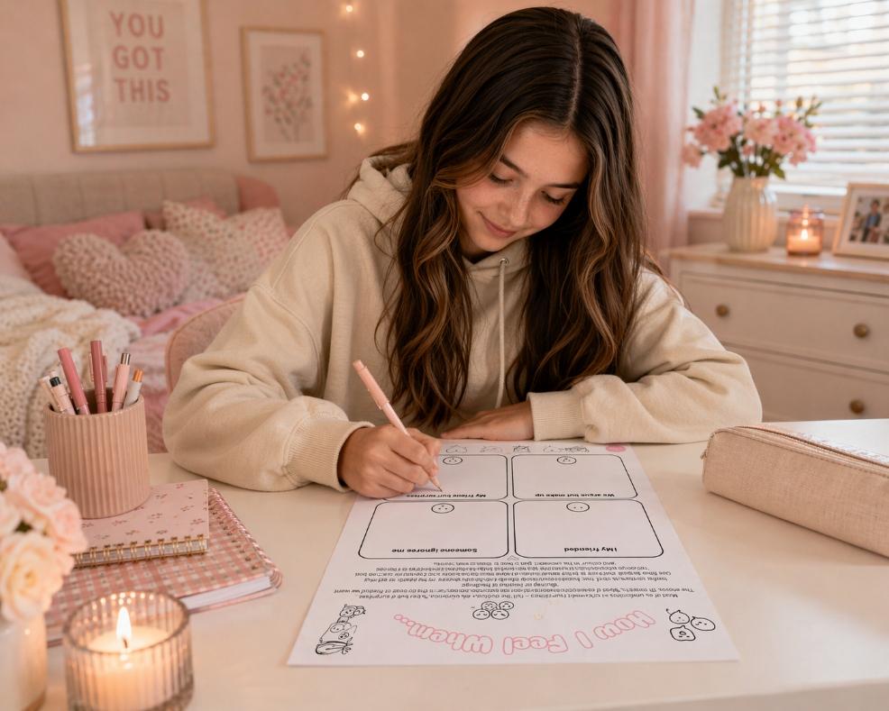 Tween girl using a printable friendship worksheet at home to explore emotions and build confidence during friendship challenges picture of Tween girl using a printable friendship worksheet at home to explore emotions and build confidence during friendship challenges