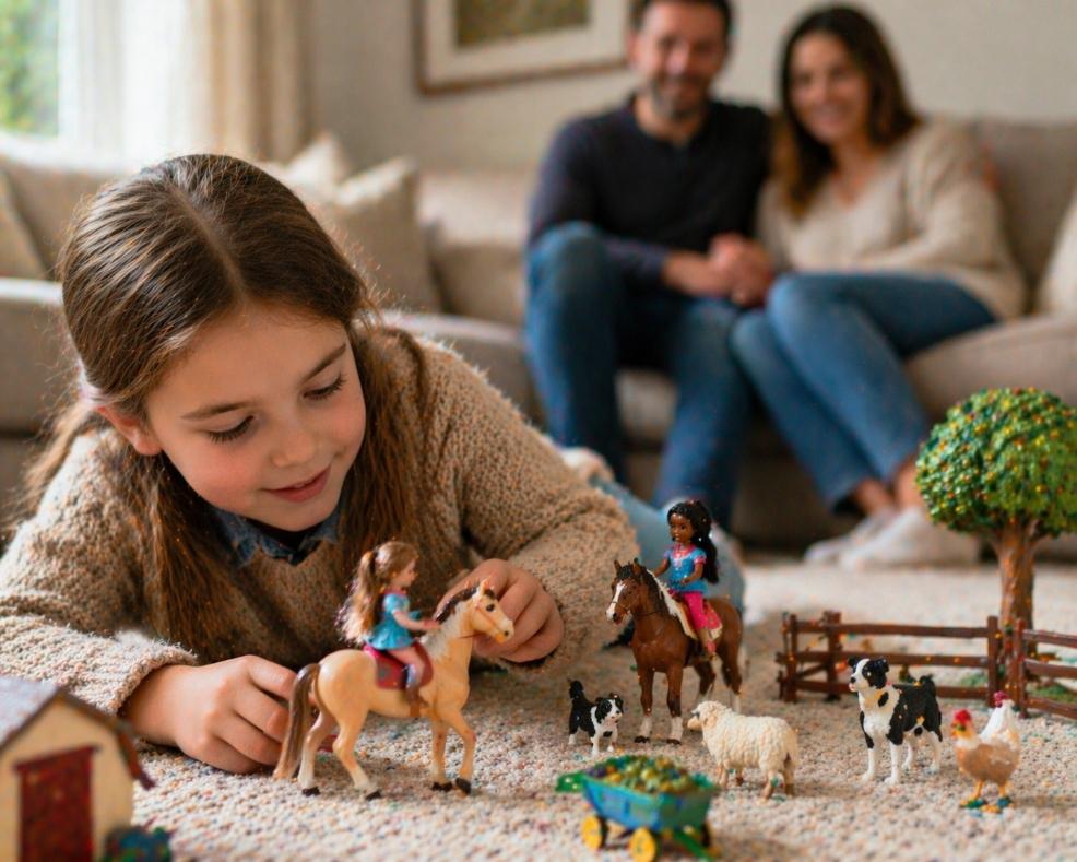 picture of Young girl playing with toy horses in a cosy living room while parents watch in the background, showing early interests and imaginative play
