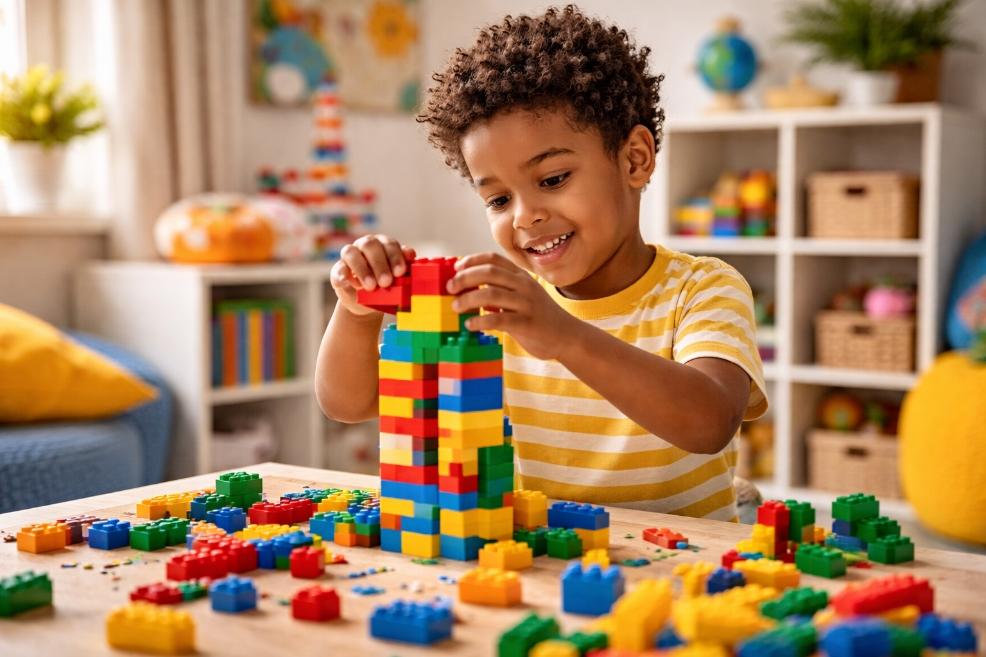 picture of child playing with building blocks in a playroom, developing creativity, problem solving and independent learning through play
