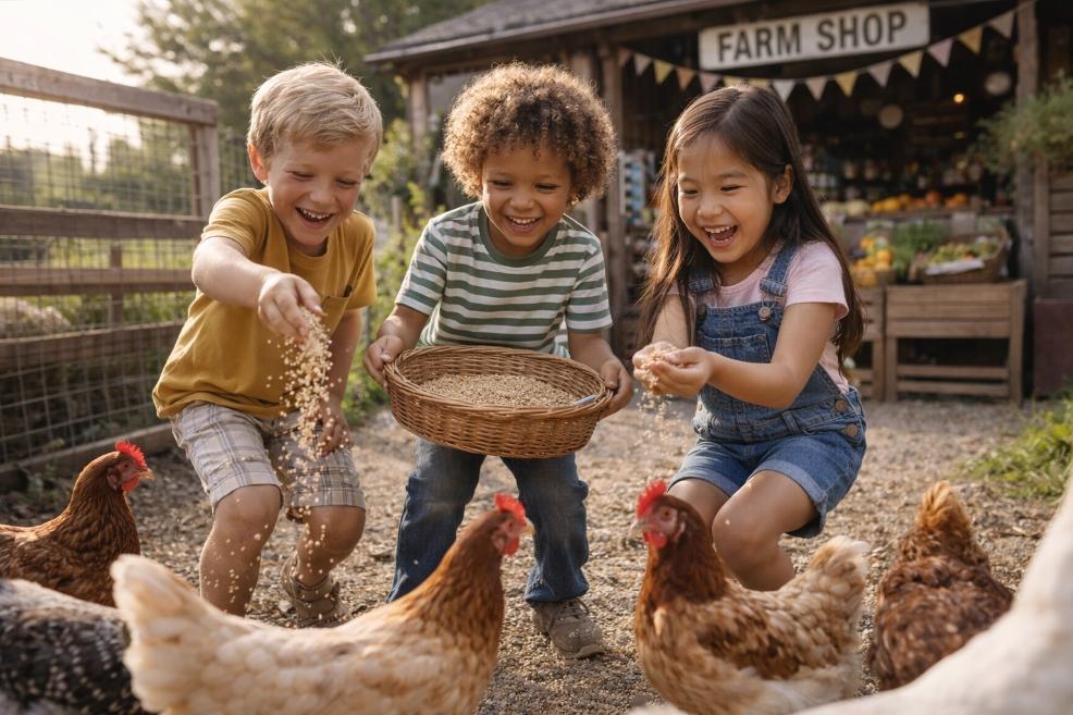 picture of children feeding chickens at a farm shop, learning through real-life experiences and outdoor informal play on a sunny day