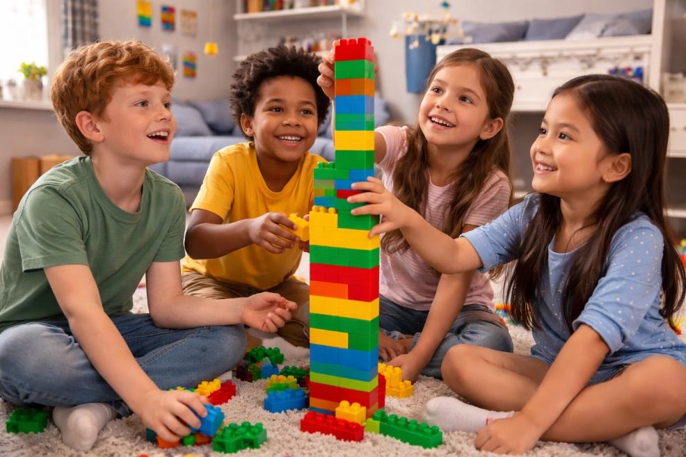 picture of children working together to build a tall tower with blocks in a bedroom, developing creativity and problem-solving skills through play
