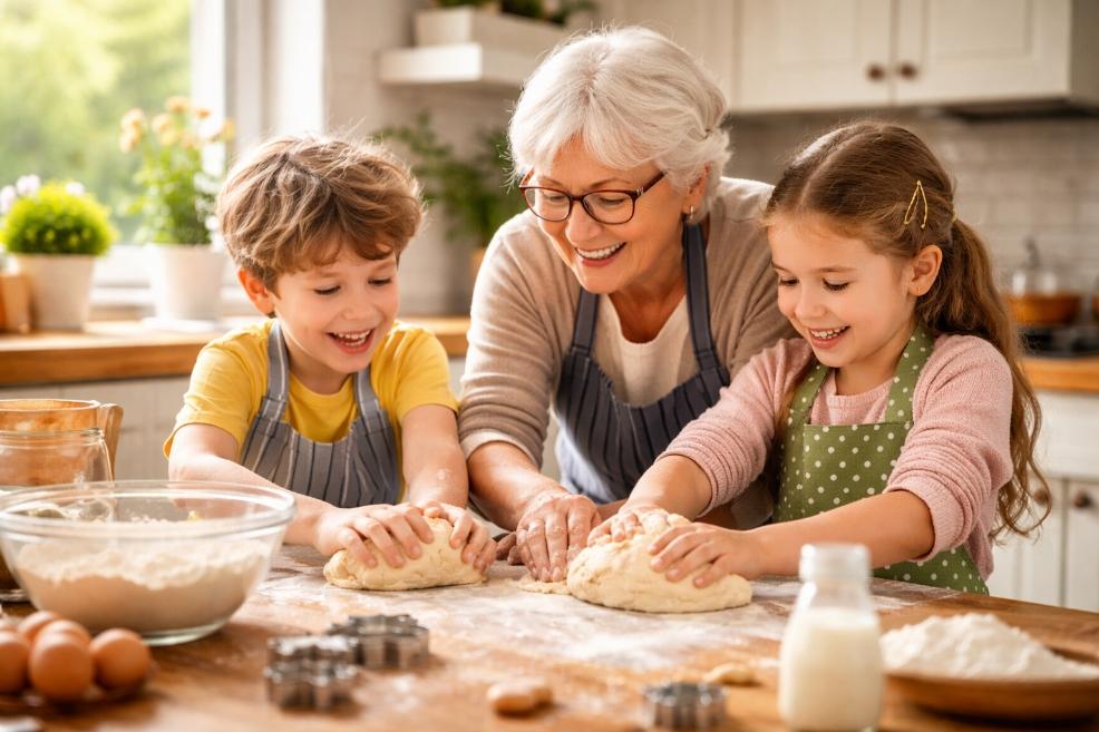 picture of grandmother and children baking together in a kitchen, showing kids learning a new hobby and building confidence through hands-on activity
