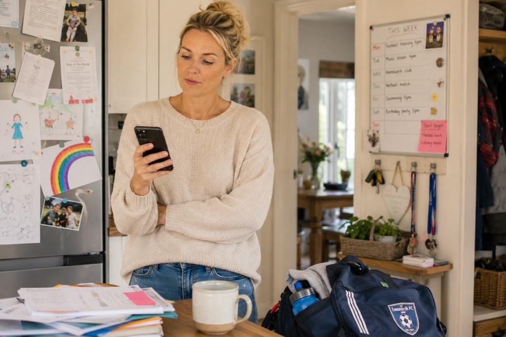 A mum standing in a family kitchen holding a smartphone and looking thoughtful picture of A mum standing in a family kitchen holding a smartphone and looking thoughtful