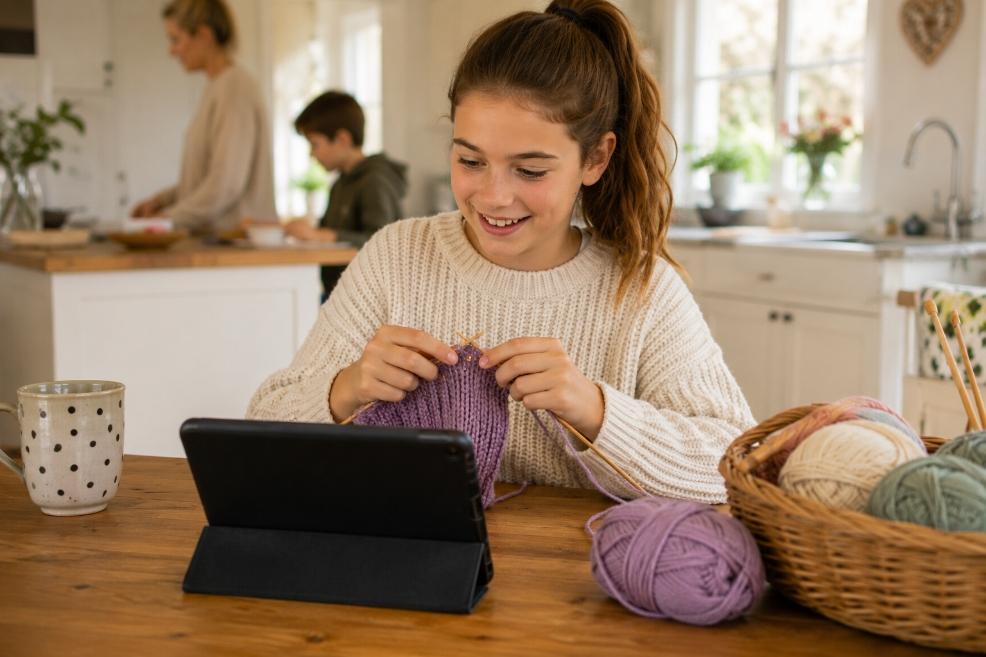 A tween girl happily learning a new hobby on a tablet while sitting at a table picture of A tween girl happily learning a new hobby on a tablet while sitting at a table